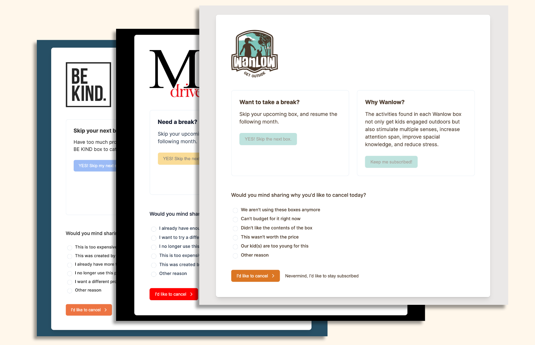 Branded Cancel Flow screen presented to a subscriber clicking to cancel