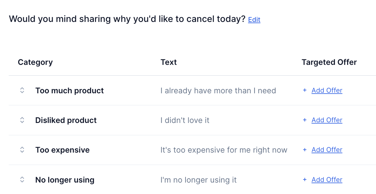 Cancel Flows survey screen showing a list of cancelation reasons for the customer to choose from.