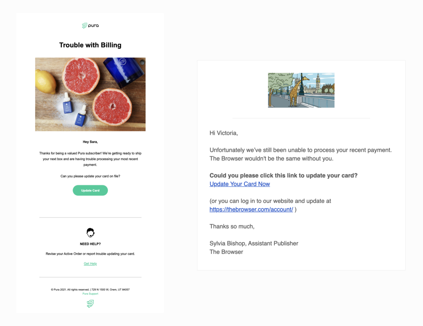 Examples of branded and plain-text recovery emails