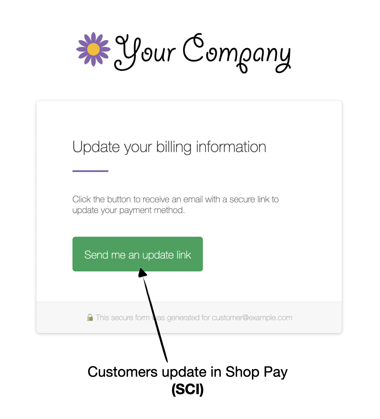 Churn Buster Capture page directing a Shop Pay customer to update their payment method via Shopify email