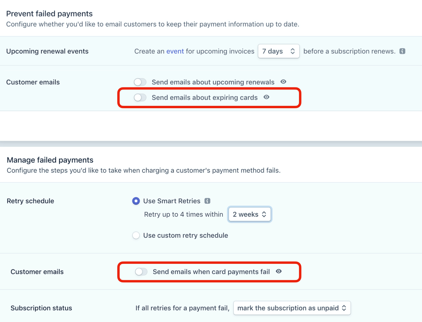 Stripe email notification settings with expiring cards and failed payment emails disabled