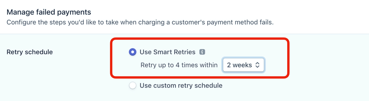 Stripe Smart Retries configuration recommending 2 weeks of retries before marking the subscription unpaid