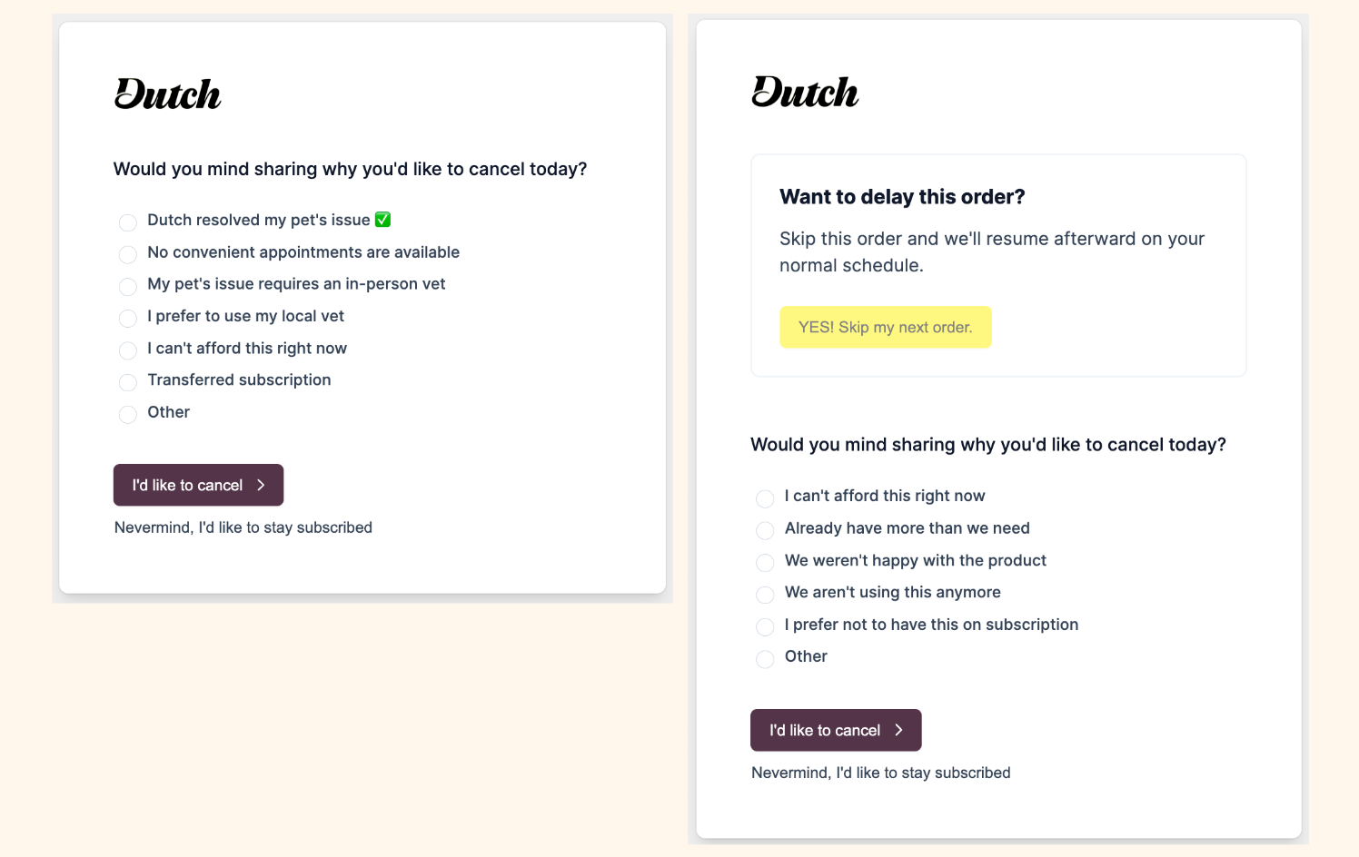 Side-by-side comparison: Memberships cancel reasons on the left, Subscriptions cancel reasons on the right