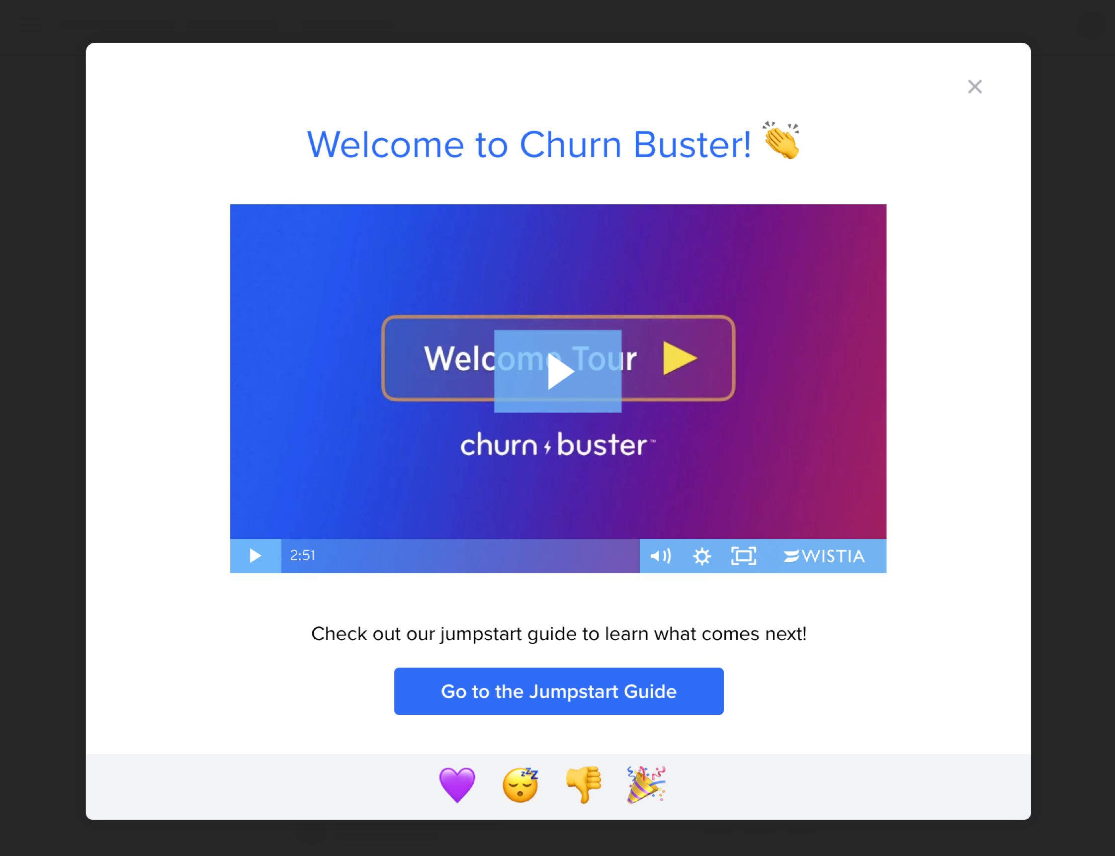 Churn Buster welcome message confirming the signup process is complete