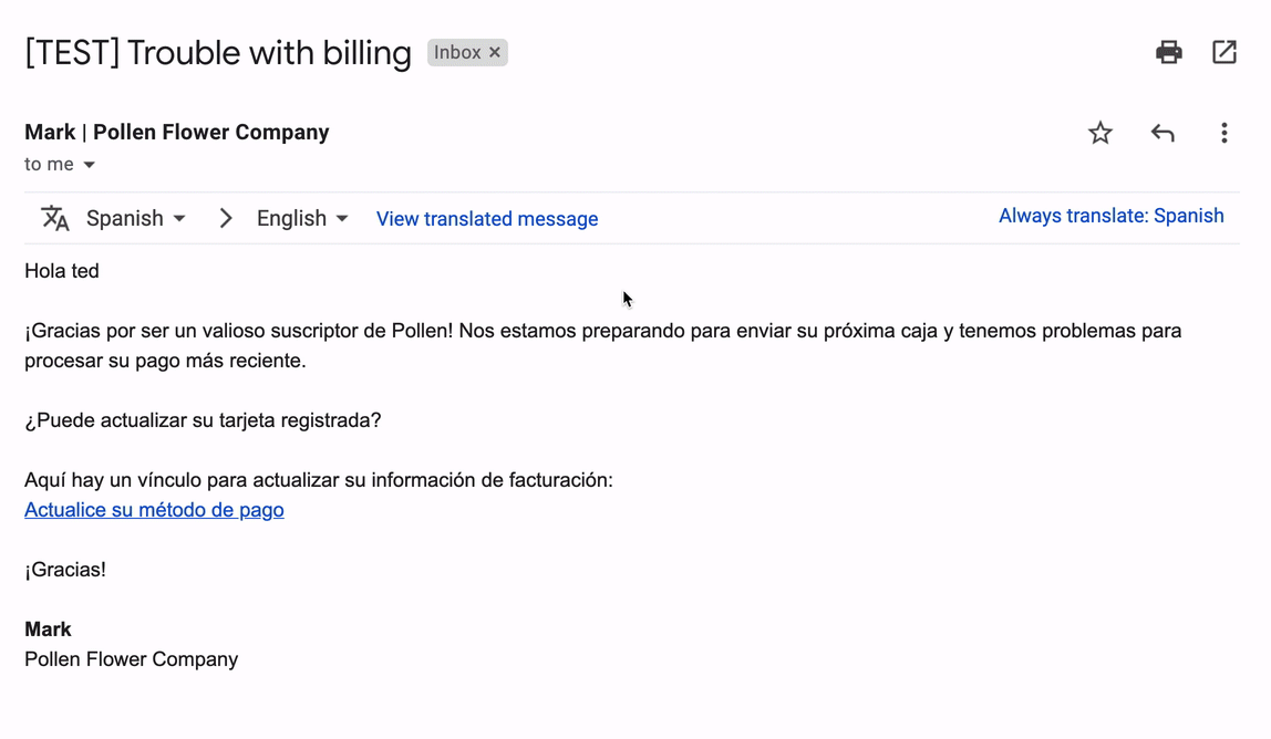 Animated screenshot of Gmail's built-in translate banner detecting a non-English email and offering a one-click translation