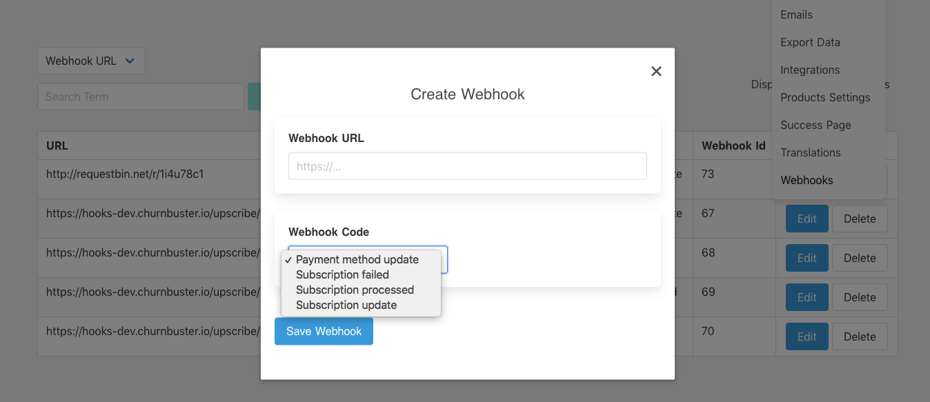 Upscribe webhook settings showing the URL pasted into each of the four Webhook Codes fields