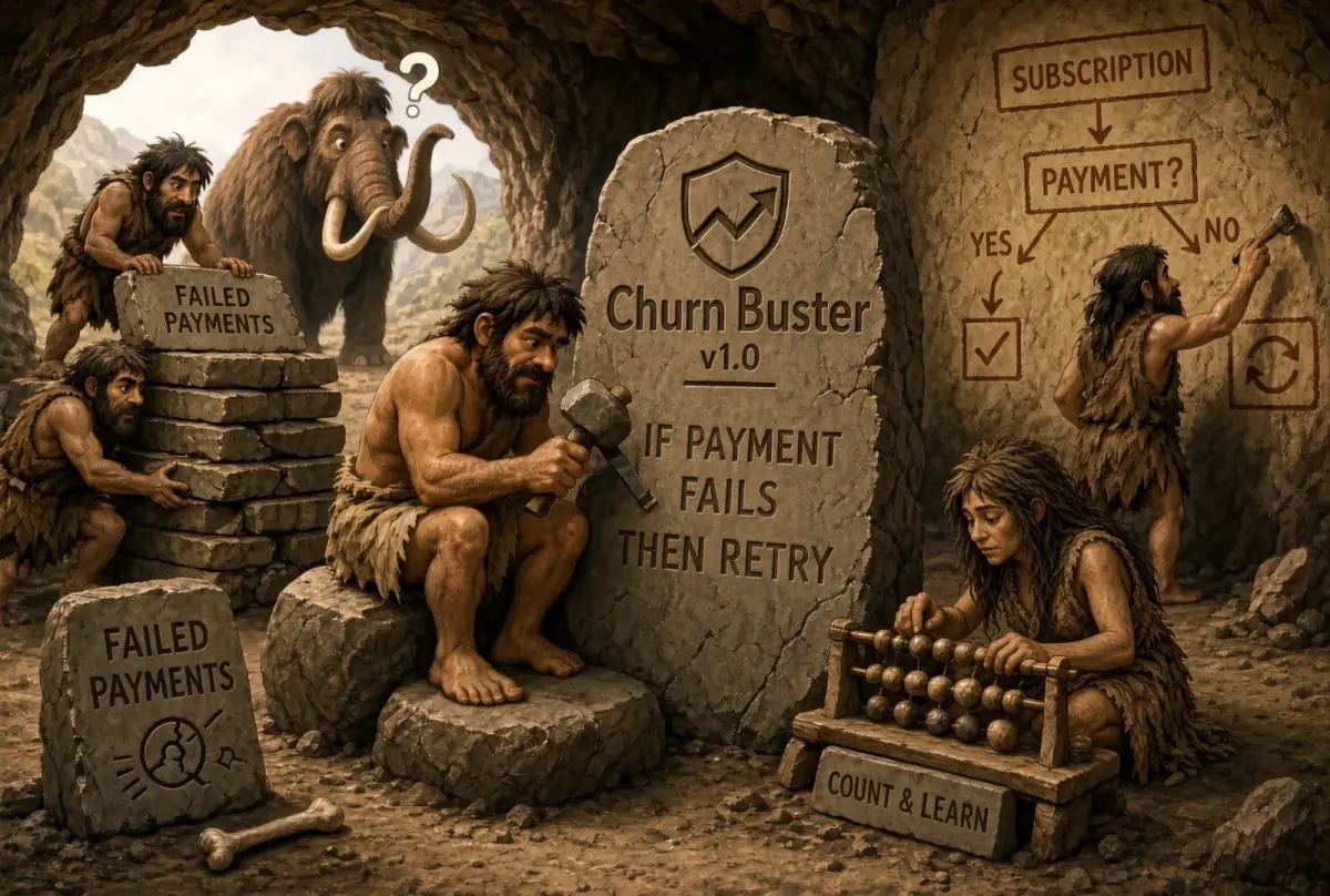 Cave-painting illustration of cavemen carving Churn Buster v1.0 into a stone tablet: if payment fails, then retry.