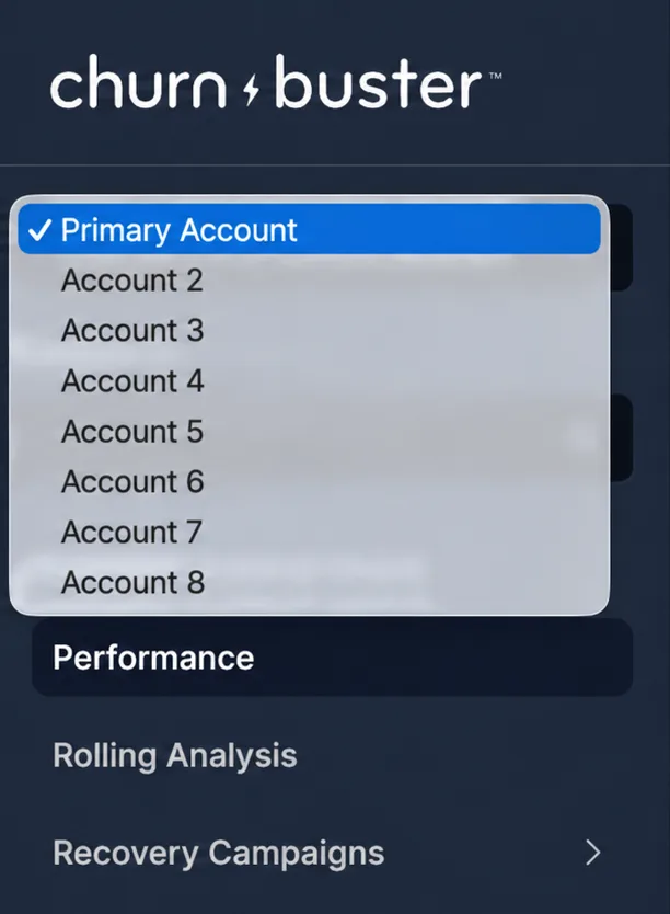 Account switcher dropdown at the top of the left sidebar, showing Primary Account and placeholder account names.